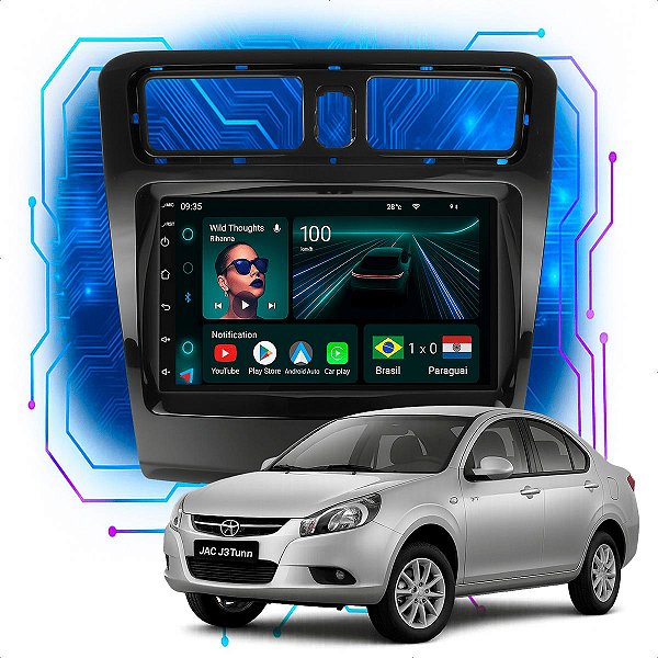 Kit Central Multimídia 9" 4GB RAM 64GB ROM Jac J3 2013-2015 CarPlay Android Auto + Câmera de ré