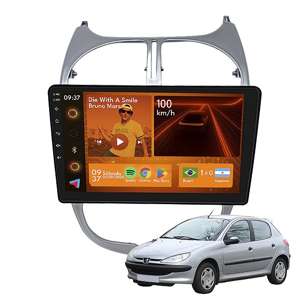 Kit Multimídia Android 2GB+64GB 9p Peugeot 206 2000-2010 GPS