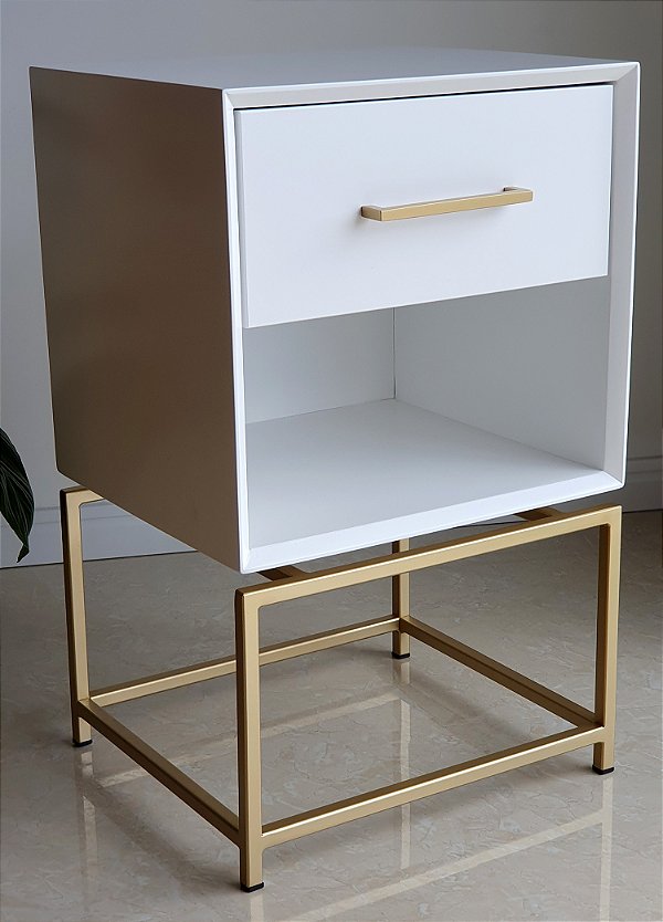 Mesa de Cabeceira 1 Gaveta ALVA Dourado e Branco Laqueado