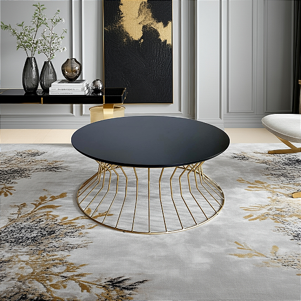 Mesa de Centro Redonda SINGAPURA Dourada Preto Laqueado 70 cm