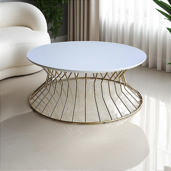 Mesa de Centro Dourada e Branco Laqueado 70 cm para Sala Redonda SINGAPURA