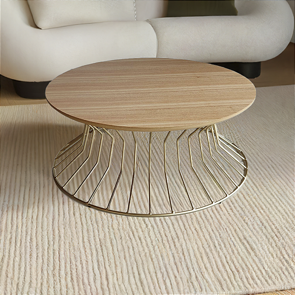 Mesa de Centro Dourada e Madeira Cinamomo Natural Redonda 70 cm para Sala SINGAPURA