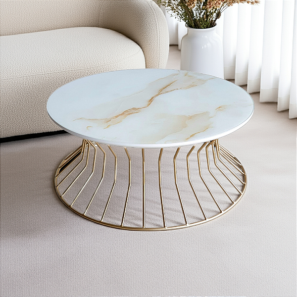 Mesa de Centro para Sala Redonda 70 cm SINGAPURA Dourada Vidro Marmorizado Calacata Bege