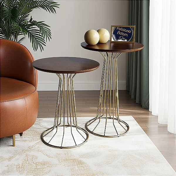 Conjunto Par Mesas Laterais Redondas SINGAPURA Dourado e Cinamomo Castanho