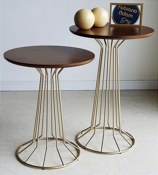 Conjunto Par Mesas Laterais Redondas SINGAPURA Dourado e Cinamomo Castanho