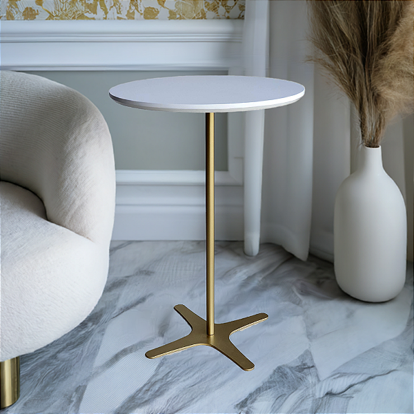 Mesa Lateral Redonda Alta FLAT Dourada Branco Laqueado