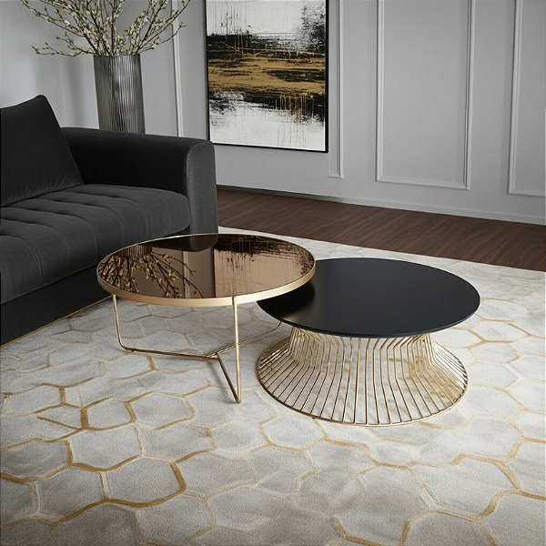 Conjunto Mesas de Centro Redondas SINGAPURA e TRÍADE Douradas (70 cm) Preto Laqueado e Espelho Bronze