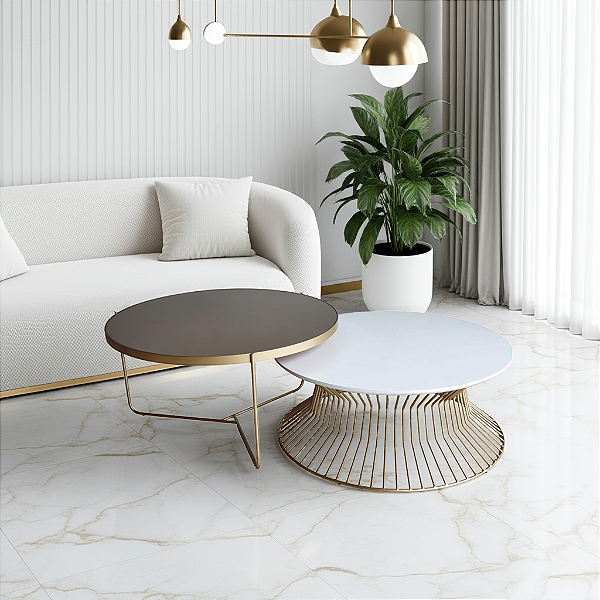 Mesas de Centro para Sala Redondas 70 cm SINGAPURA 64 Hastes e TRÍADE Dourado Branco Laqueado e Espelho Bronze