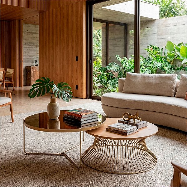 Conjunto Mesas de Centro Redondas SINGAPURA e TRÍADE Douradas (70 cm) Madeira Natural e Espelho Bronze