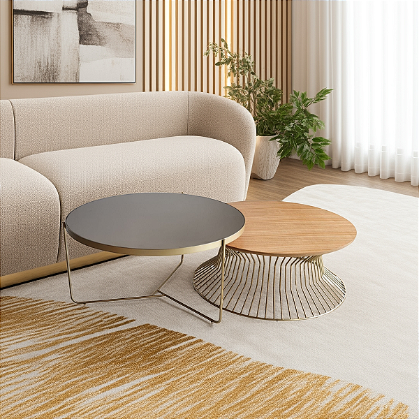 Conjunto Mesas de Centro para Sala Redondas 70 cm SINGAPURA 64 H e TRÍADE Dourado Madeira e Espelho Bronze