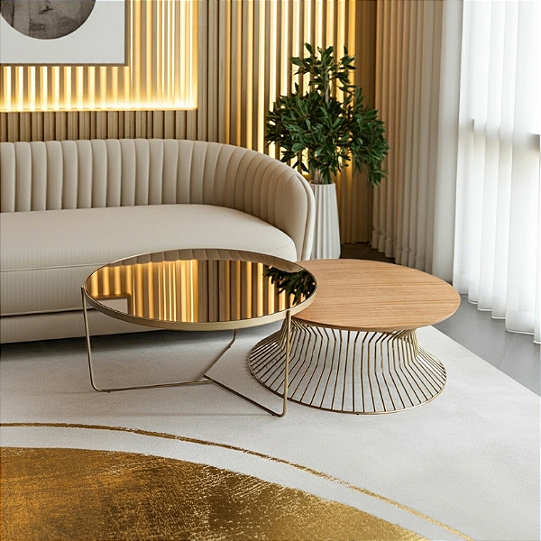 Conjunto Mesas de Centro Redondas SINGAPURA e TRÍADE Douradas (70 cm) Madeira Natural e Espelho Bronze