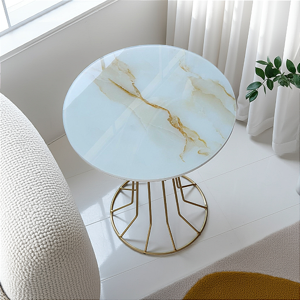 Mesa de Canto para Sala Alta SINGAPURA Dourada Vidro Mármore Calacata Bege9