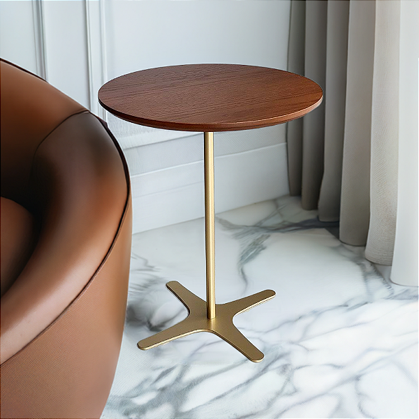 Mesa Lateral de Apoio Redonda Baixa FLAT Minimalista Dourada Cinamomo Castanho