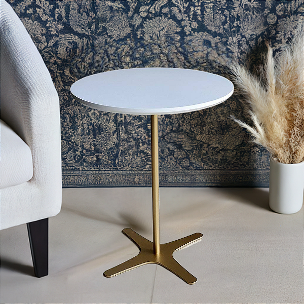 Mesa Lateral de Apoio Redonda Baixa FLAT Minimalista Dourada Branco Laqueado