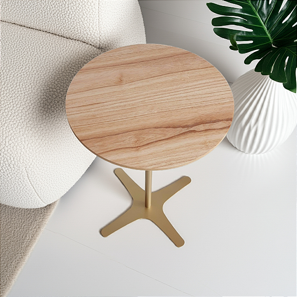 Mesa Lateral de Apoio Redonda Baixa FLAT Minimalista Dourada Cinamomo Natural