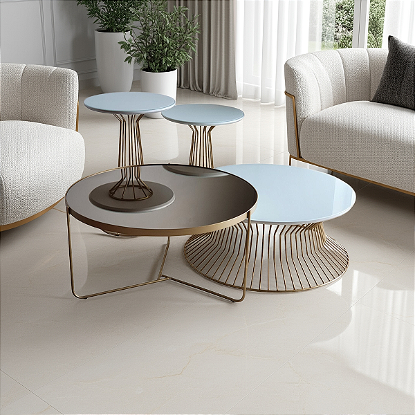 Conjunto Mesas de Centro para Sala Redondas 70 cm SINGAPURA 64 H e TRÍADE Dourado Vidro Branco e Espelho Bronze