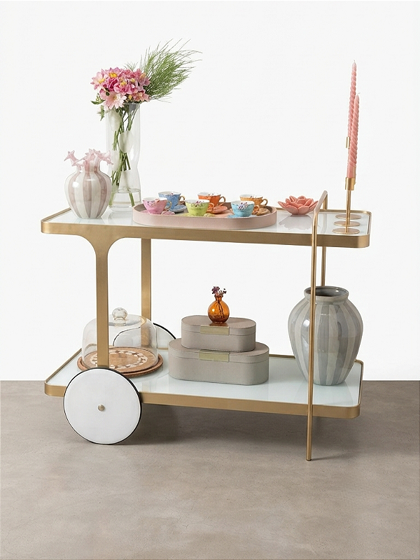 Carrinho Bar IRIDIUM Design Moderno 1 Metro Dourado e Branco Laqueado com Vidro