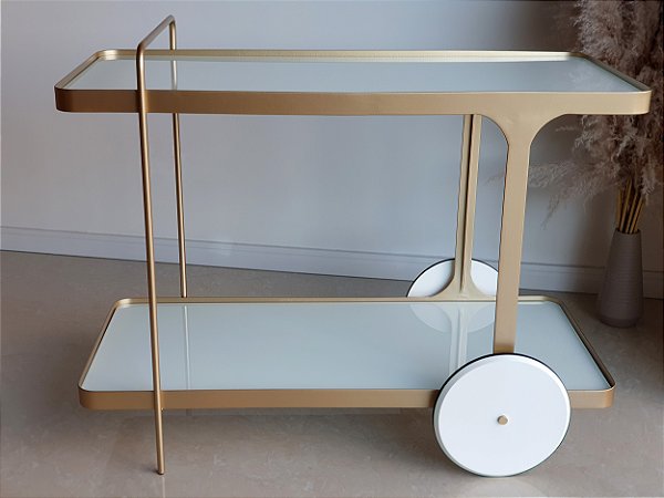 Carrinho Bar IRIDIUM Design Moderno 1 Metro Dourado e Branco Laqueado com Vidro