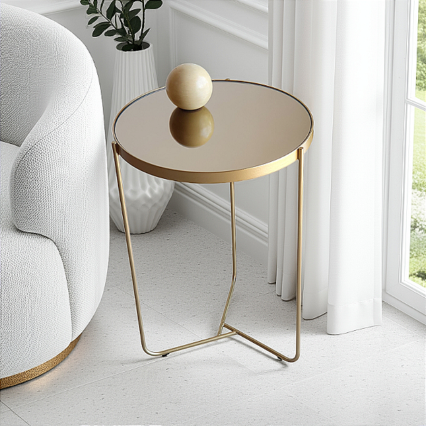 Mesa Lateral Redonda Alta TRÍADE Dourada com Espelho Bronze Design