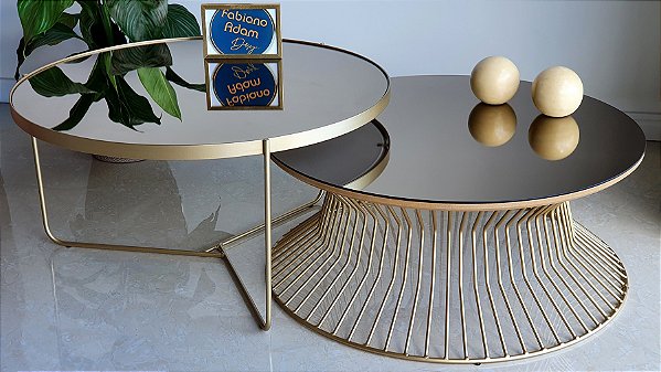 Conjunto Mesas de Centro para Sala Redondas 70 cm SINGAPURA 64 Hastes e TRÍADE Dourado 2 Espelhos Bronze