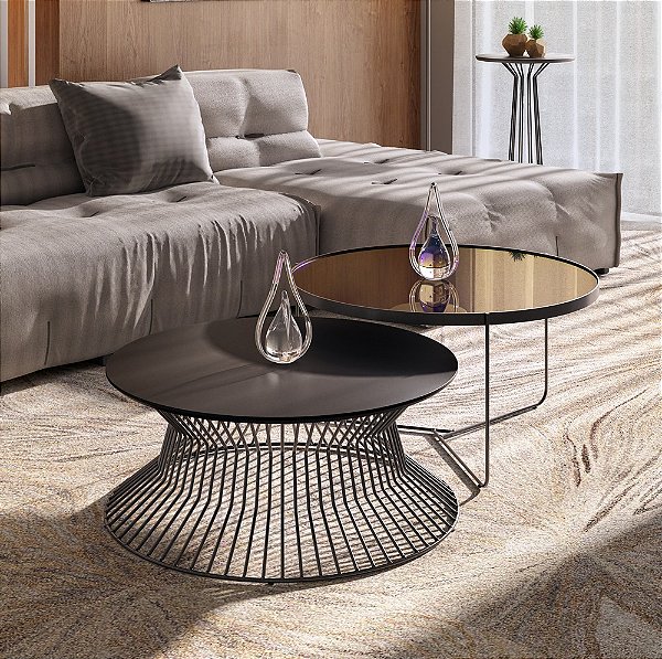 Conjunto Mesas de Centro Redondas 70 cm Preto Fosco com Espelho Bronze SINGAPURA 64 Hastes e TRÍADE