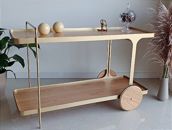 Carrinho Bar 120 cm IRIDIUM Dourado e Lâmina de Madeira em Cinamomo Natural
