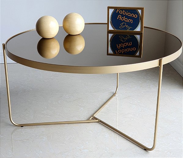 Mesa de Centro Redonda 70 cm Dourada com Espelho Bronze TRÍADE