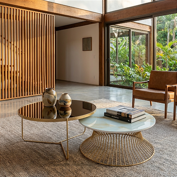 Mesas de Centro para Sala Redondas 70 cm SINGAPURA 64 H e TRÍADE Dourado Vidro Marmorizado Calacata Bege e Espelho Bronze