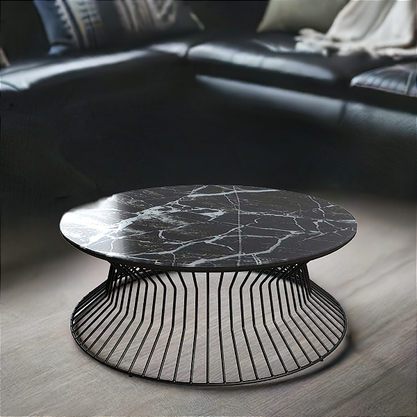 Mesa de Centro Redonda 80 cm Preta Vidro Mármore Preto SINGAPURA 64 Hastes Design Assinado