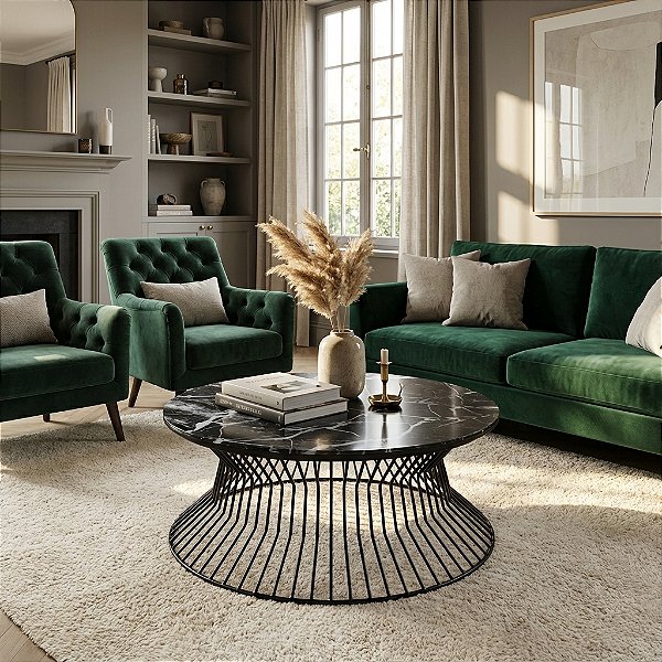 Mesa de Centro Redonda SINGAPURA 80 cm Preto Fosco e Vidro Mármore Preto