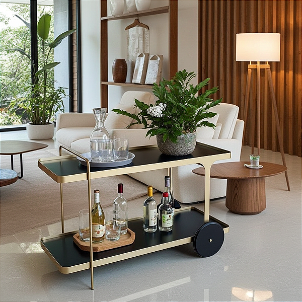 Carrinho de Chá Bar IRIDIUM Dourado Fosco e Preto Laqueado 120 cm