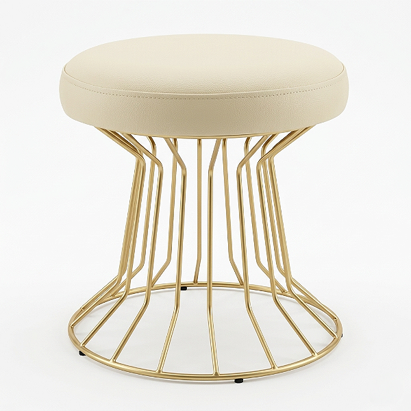 Pufe Decorativo Redondo SINGAPURA 41 cm Dourado e Couro Bege Ivory