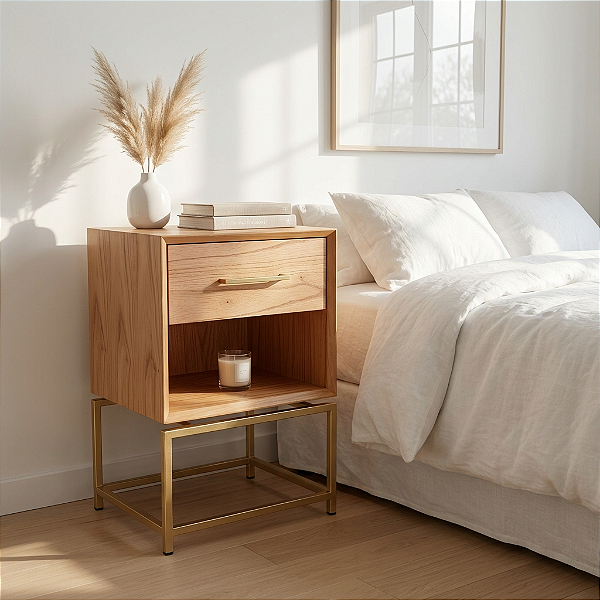 Mesa de Cabeceira 1 Gaveta ALVA Lâmina de Madeira Cinamomo Natural Base Aço