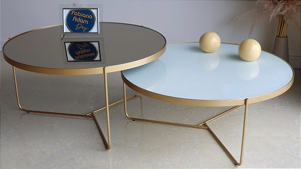 Conjunto Mesas de Centro Redondas 70 cm TRÍADE Dourado Branco Laqueado com Vidro e Espelho Bronze