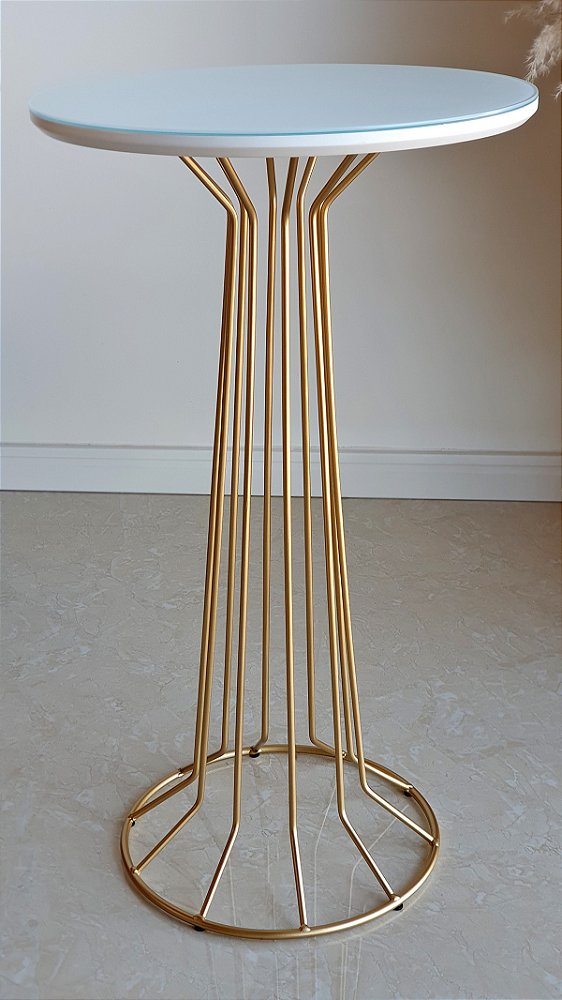 Mesa Cabeceira Lateral Super Alta Redonda 70 cm SINGAPURA Dourada Branco Laqueado com Vidro