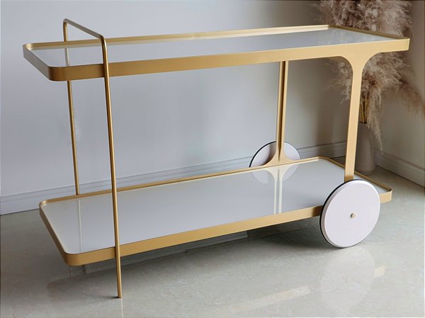 Carrinho de Chá Bar IRIDIUM Dourado Fosco e Branco Off-White Laqueado 120 cm Com Vidros