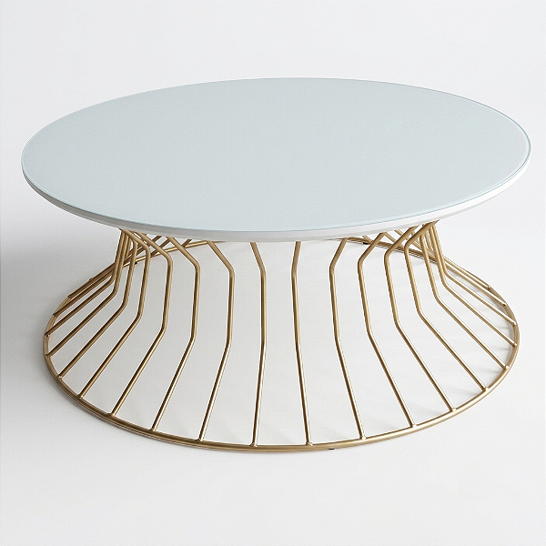 Mesa de Centro Redonda SINGAPURA Dourada Vidro Branco 70 cm Design Assinado