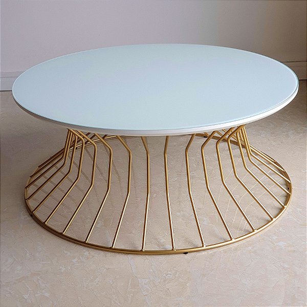 Mesa de Centro Redonda SINGAPURA Dourada Vidro Branco 70 cm Design Assinado