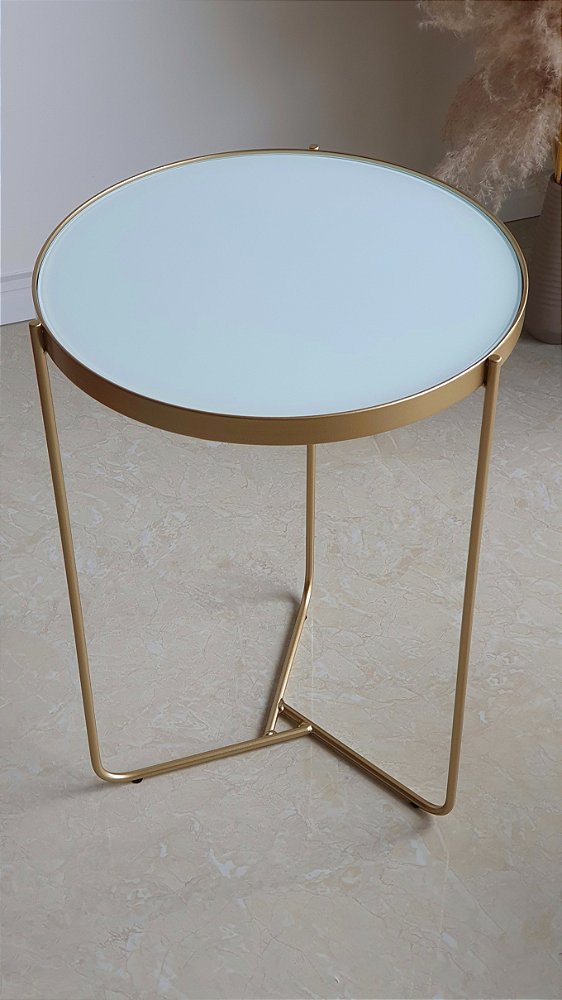 Mesa de Canto Redonda Alta TRÍADE Dourada e Vidro Branco 41 x 59 cm
