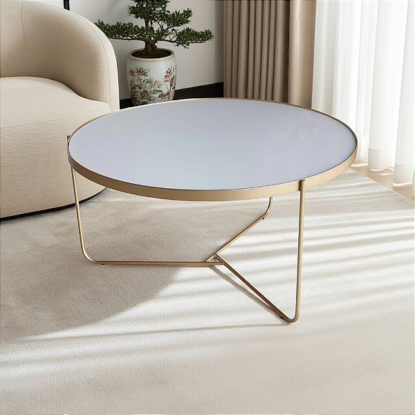 Mesa de Centro para Sala Redonda 70 cm TRÍADE Dourado e Vidro Branco Off-White