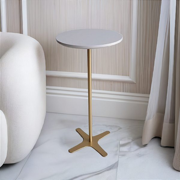 Mesa de Apoio e Mesa Auxiliar Minimalista Redonda 30 cm Alta FLAT Dourada Branco Laqueado