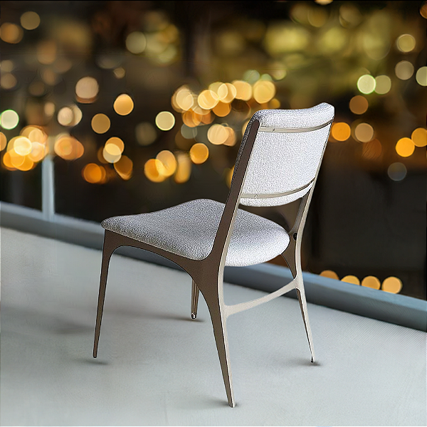 Kit 2 Cadeiras de Jantar Design Industrial em Aço IRIDIUM Prata Champagne e Tecido Boucle Branco
