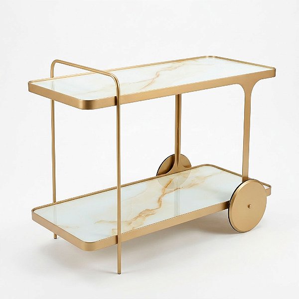 Carrinho de Bar Aparador IRIDIUM 120 cm Dourado e Marmorizado Calacata Bege