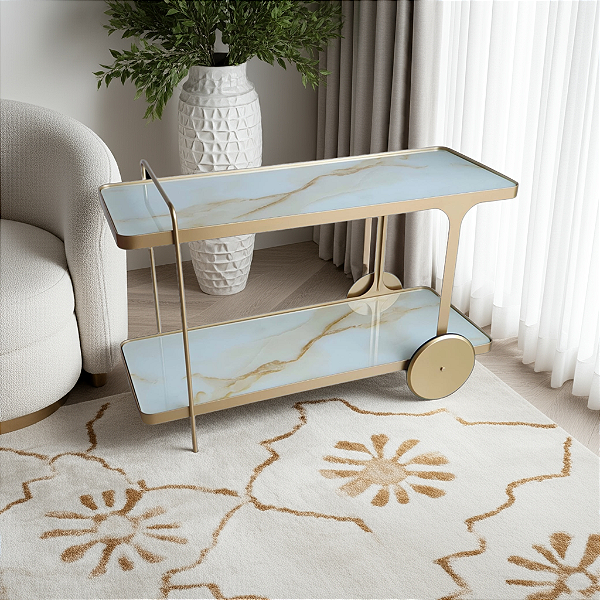 Carrinho de Bar Aparador IRIDIUM 120 cm Dourado e Marmorizado Calacata Bege