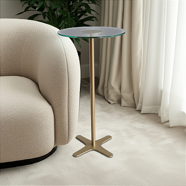 Mesa de Apoio e Mesa Auxiliar Minimalista Redonda 30 cm Alta FLAT Dourada Vidro Temperado