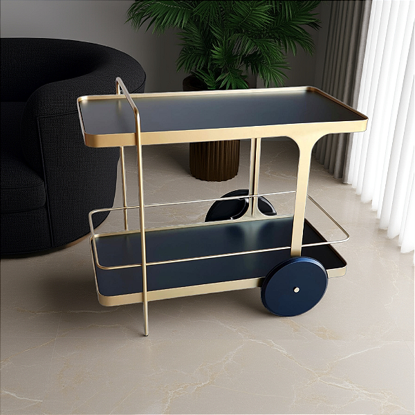 Carrinho Bar 90 cm IRIDIUM Dourado Fosco e Preto Laqueado