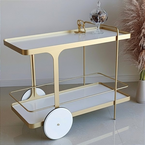 Carrinho de Bar IRIDIUM 90 cm Dourado Fosco e Branco Laqueado Versátil