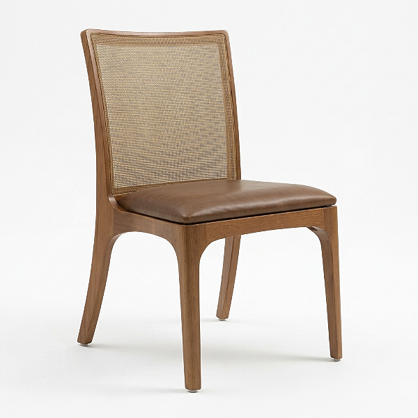 Cadeira de Jantar ANNA Design Assinado Madeira Castanho Telinha e Couro Pinhão