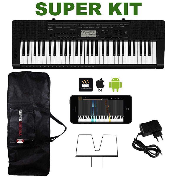 Kit Teclado Musical CASIO CTK3500 USB/MIDI Aplicativo Chordana + Capa + Fonte + Suporte Partitura