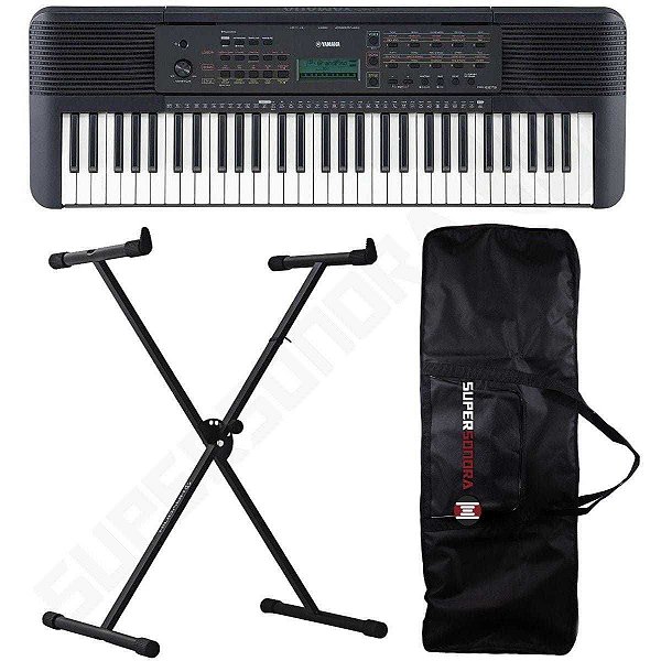 Kit Teclado Musical YAMAHA PSR E273 Preto 61 Teclas + Suporte X + Capa + Fonte + Estante de Partituras